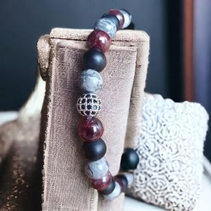 Gray Jasper, Matte Black Onxy, & Garnet Handcrafted Beaded Bracelet